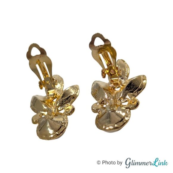 VTG Large Multicolor Acrylic Rhinestones Faux Pearl Gold Tone Clip On Earrings - Picture 6 of 8